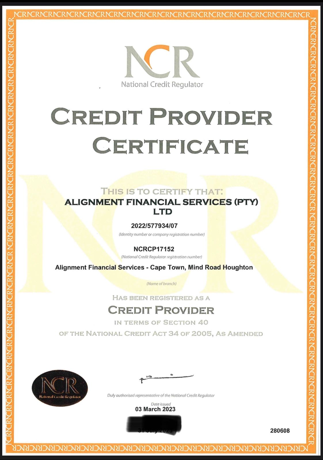 National Credit Regulator Certificate NCRCP17152